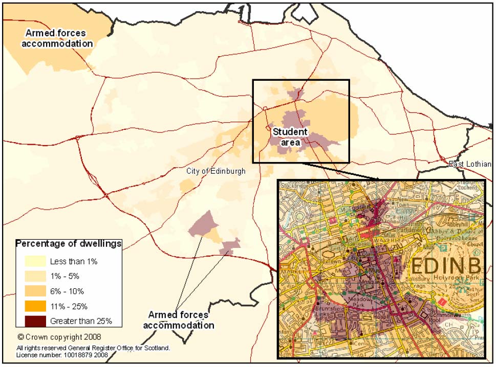 Map 5: Percentage of dwellings in each data zone with Council Tax ‘occupied exemptions’ (e.g., all-students households or armed forces accommodation), Edinburgh, 2007