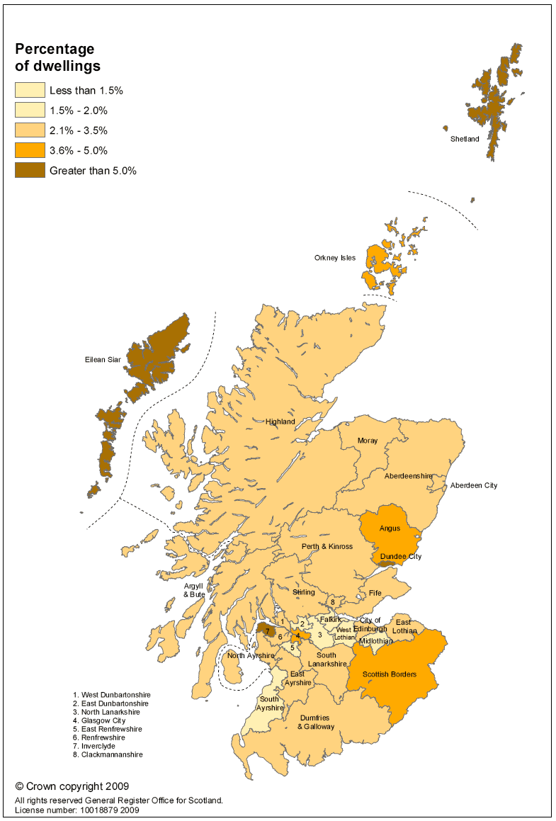 Map 2: Percentage of dwellings which are vacant in each local authority area, 2008