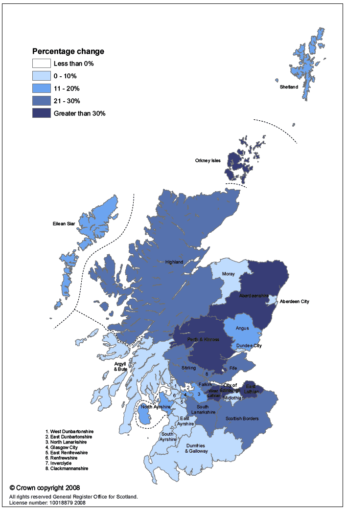 Map 1: Projected percentage change in households by local authority area, 2006 to 2031