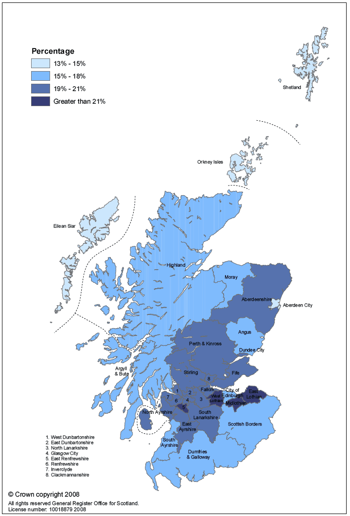 Map 3: Projected percentage of households with children by local authority area, 2031