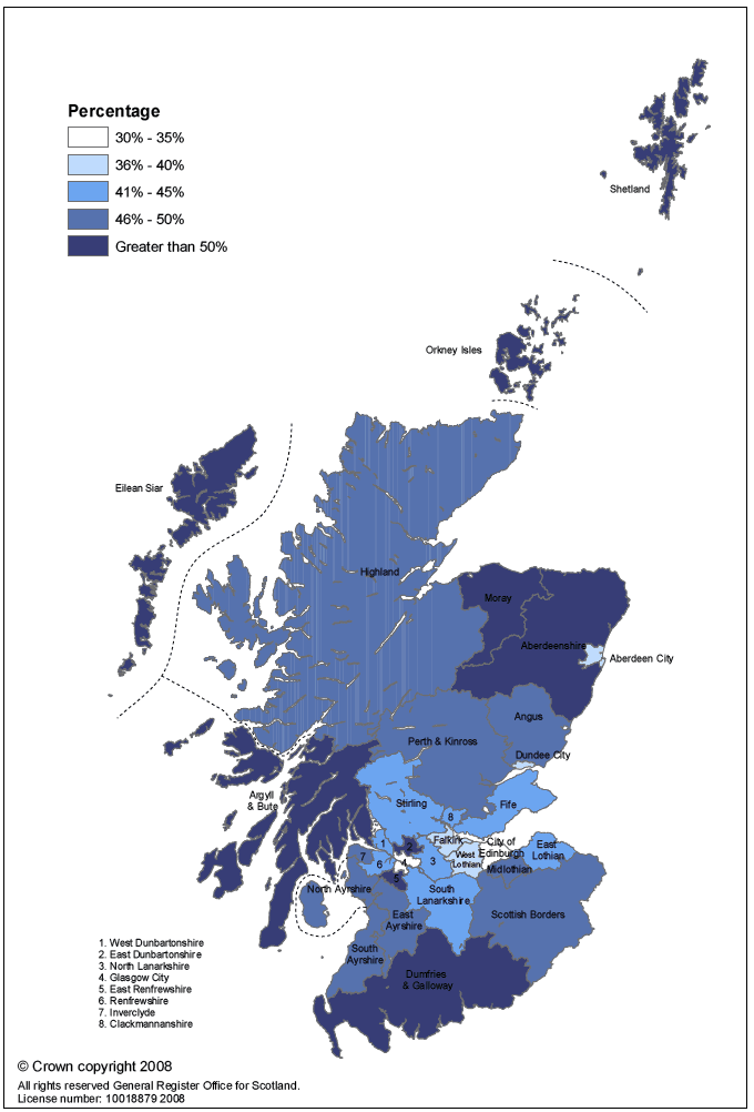 Map 4: Projected percentage of households headed by someone aged 60 and over by local authority area, 2031