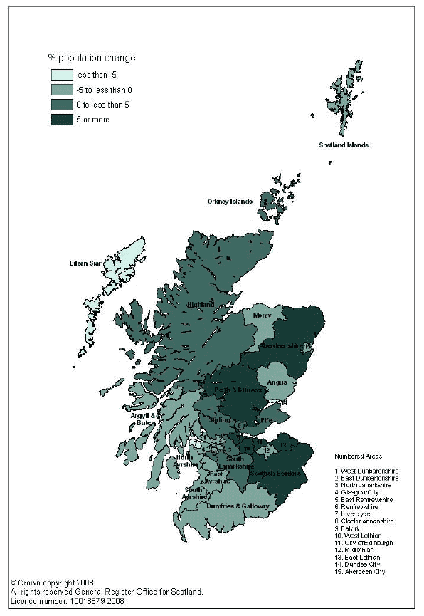 Figure 6a Percentage change in population, Council areas, 1997-2007 (Map)