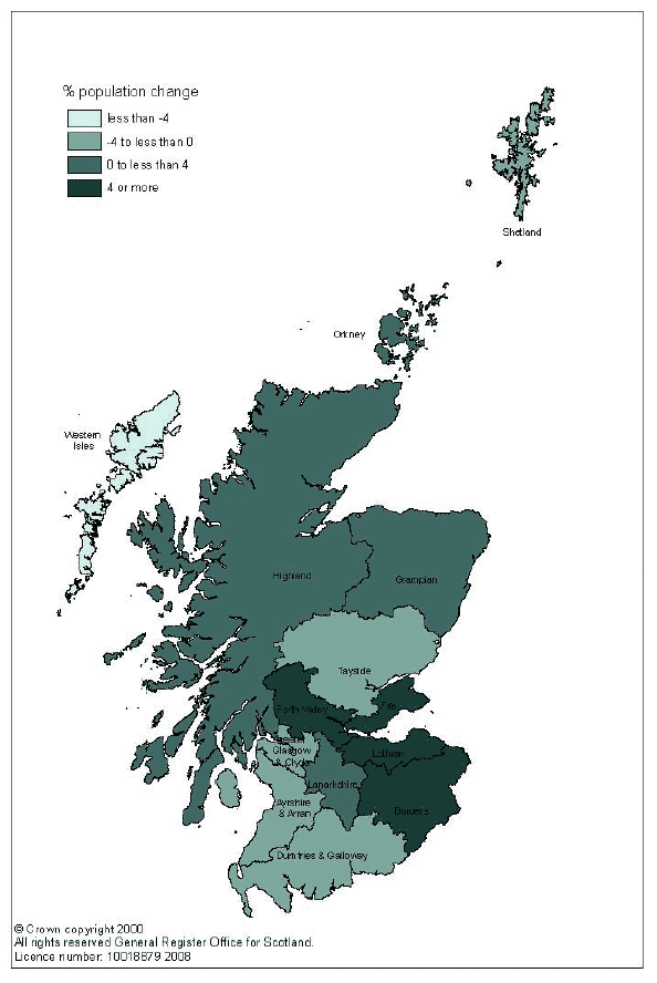 Figure 7a Percentage change in population, NHS Board areas, 1997-2007 (Map)