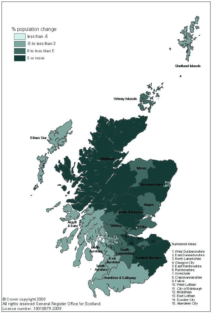 Figure 6a Percentage change in population, Council areas, 1998-2008 (Map)