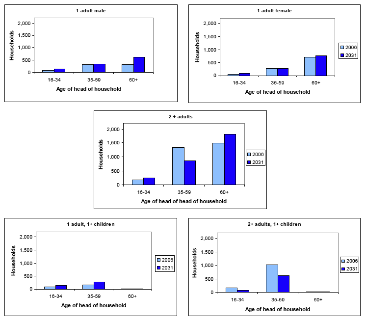Figure 2.5b: Projected number of households in CNP by household type and age of the head of household: 2006 and 2031