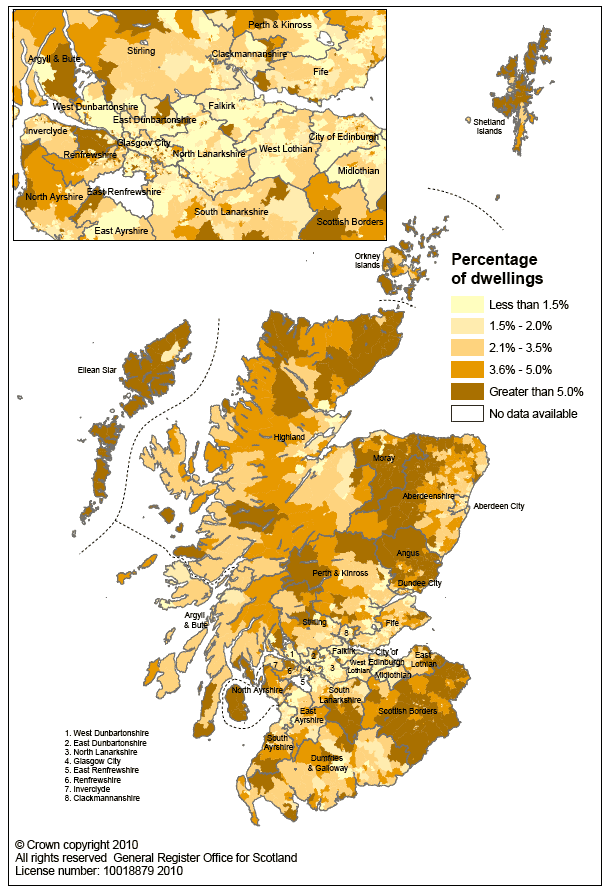 Map 2: Percentage of dwellings which are vacant in each data zone in Scotland, 2009