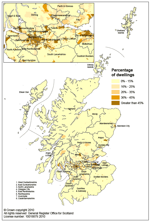 Map 3: Percentage of dwellings which are flats in each data zone in Scotland, 2009