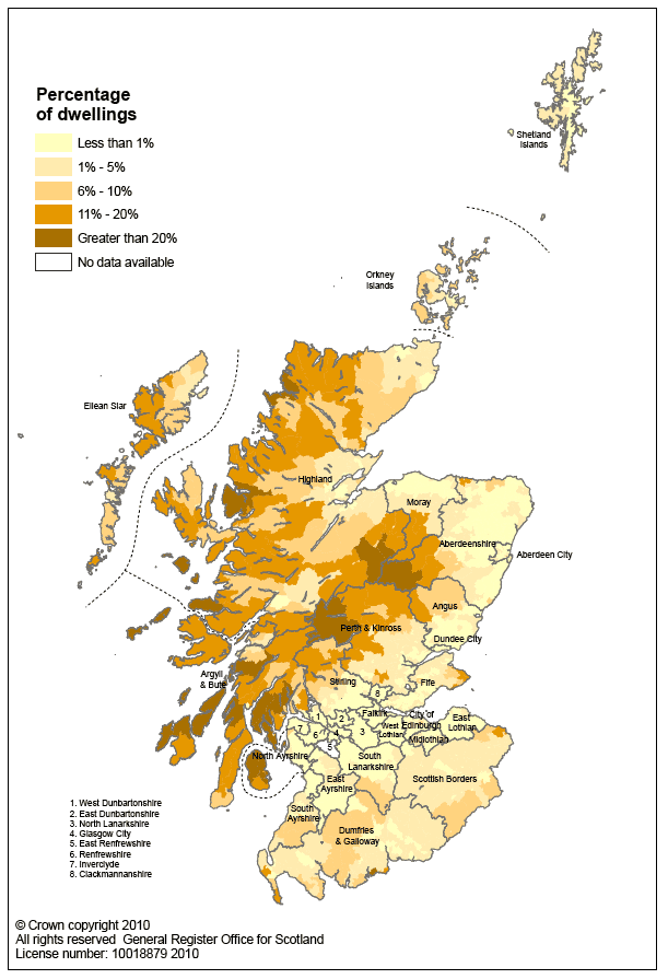 Map 4: Percentage of dwellings which are second homes in each data zone in Scotland, 2009
