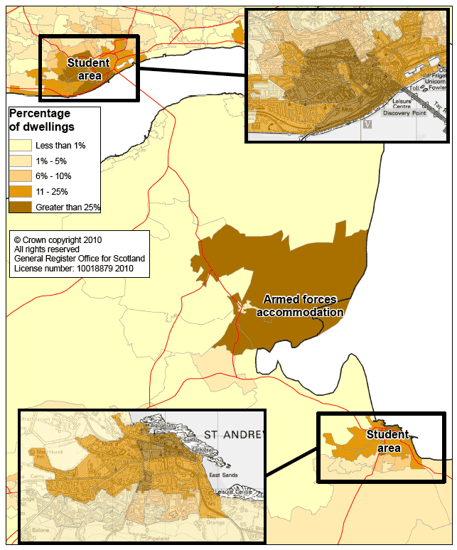 Map 5: Percentage of dwellings in each data zone with Council Tax ‘occupied exemptions’ (e.g. all-student households), North East Fife and Dundee, 2009