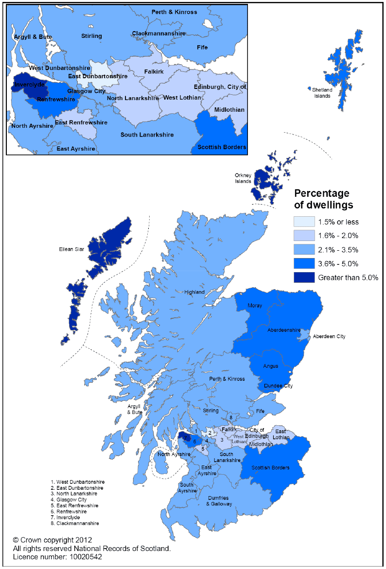 Figure 7: Percentage of dwellings which are vacant in each local authority area in Scotland, 2011 (Map)