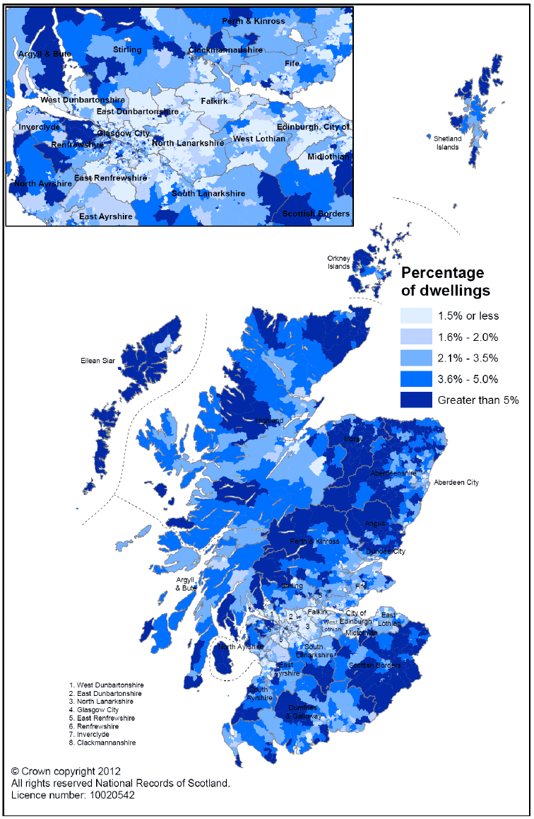 Figure 10: Percentage of dwellings which are vacant in each data zone in Scotland, 2011 (Map)