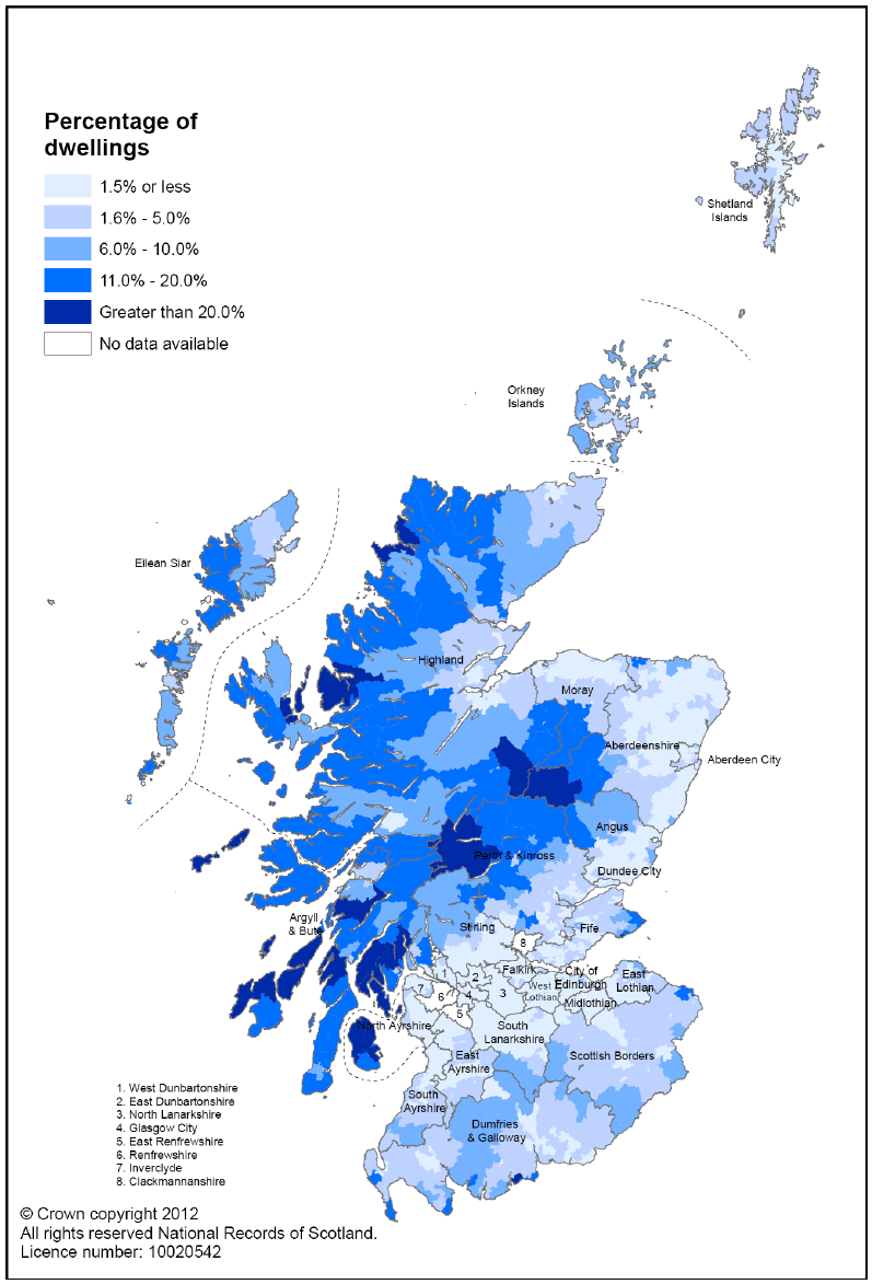 Figure 11: Percentage of dwellings which are second homes in each data zone in Scotland, 2011 (Map)