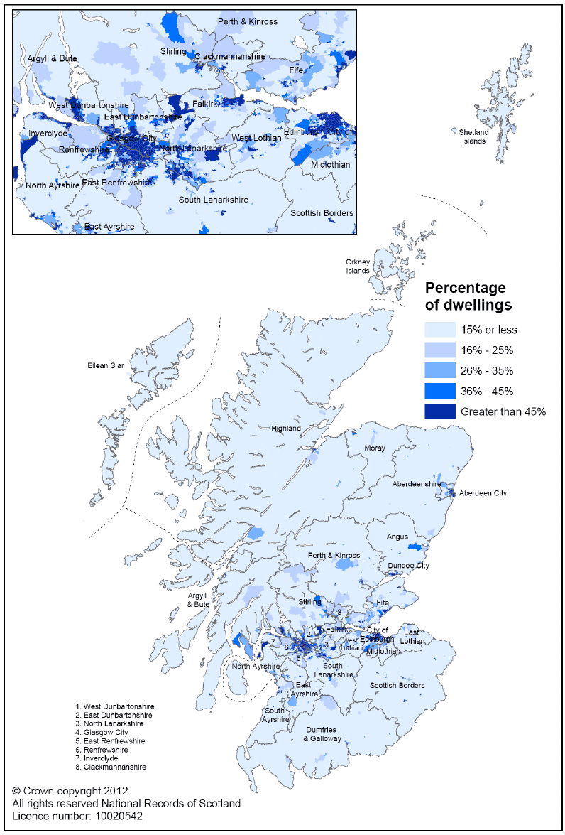 Figure 12: Percentage of dwellings which are flats in each data zone in Scotland, 2011 (Map)