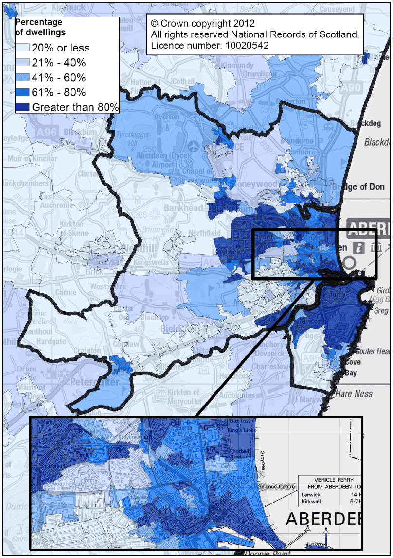 Figure 13: Percentage of dwellings in Council Tax bands A-C in each data zone in Aberdeen City, 2011 (Map)