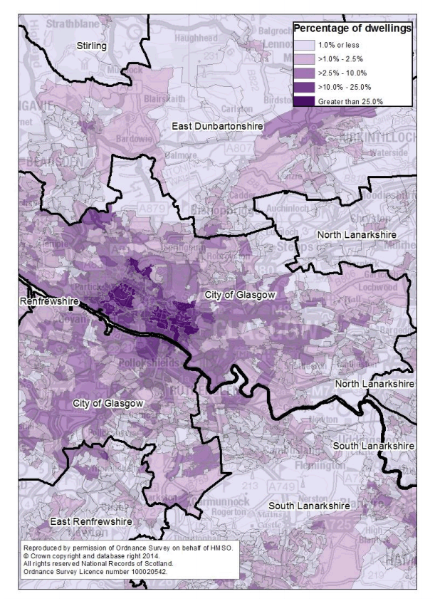 Map showing percentage of dwellings with 'occupied exemptions' (e.g. all-student households) in each data zone, in Glasgow City in 2013