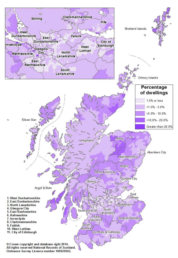 Map showing percentage of dwellings which are vacant in each data zone in Scotland, 2013