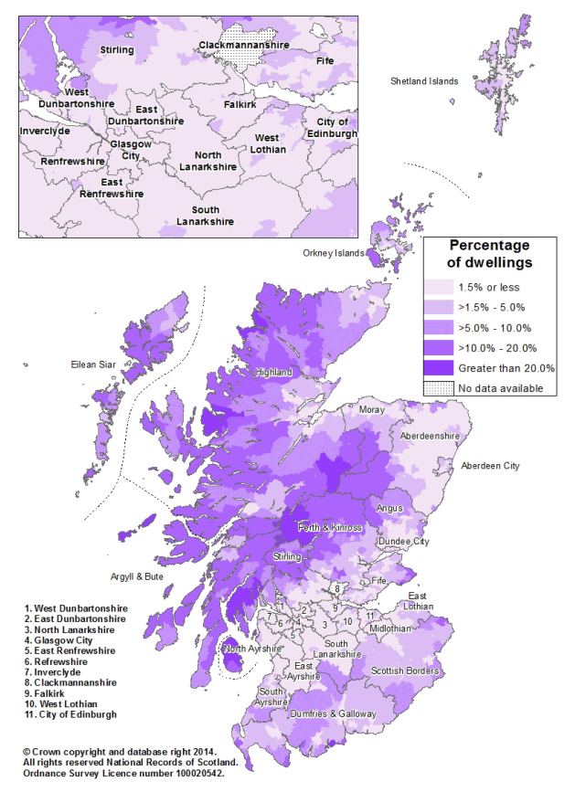 Map showing percentage of dwellings which are second homes in each data zone in Scotland, 2013