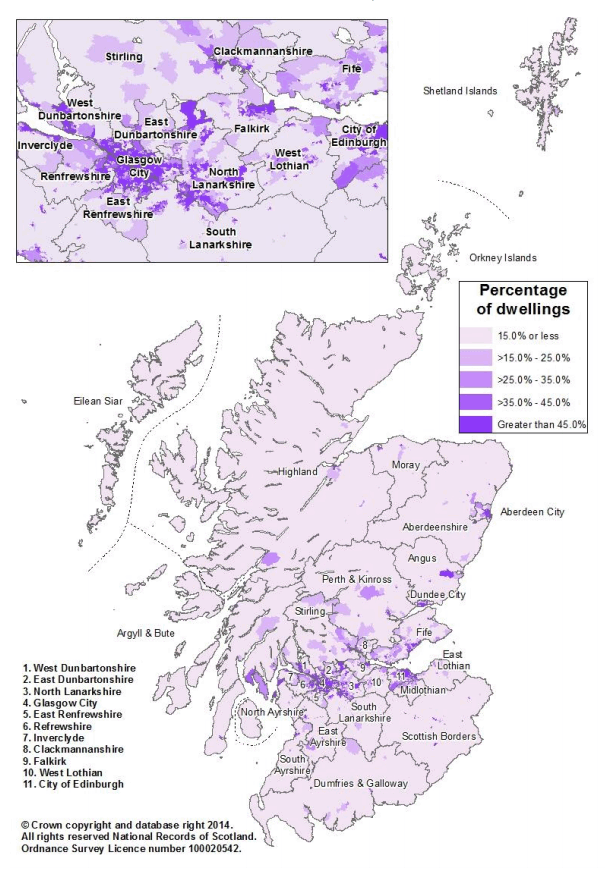 Map showing percentage of dwellings which are flats in each data zone in Scotland, 2013