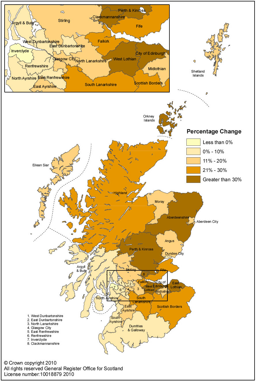 Map 1: Projected percentage change in households by local authority area, 2008 to 2033