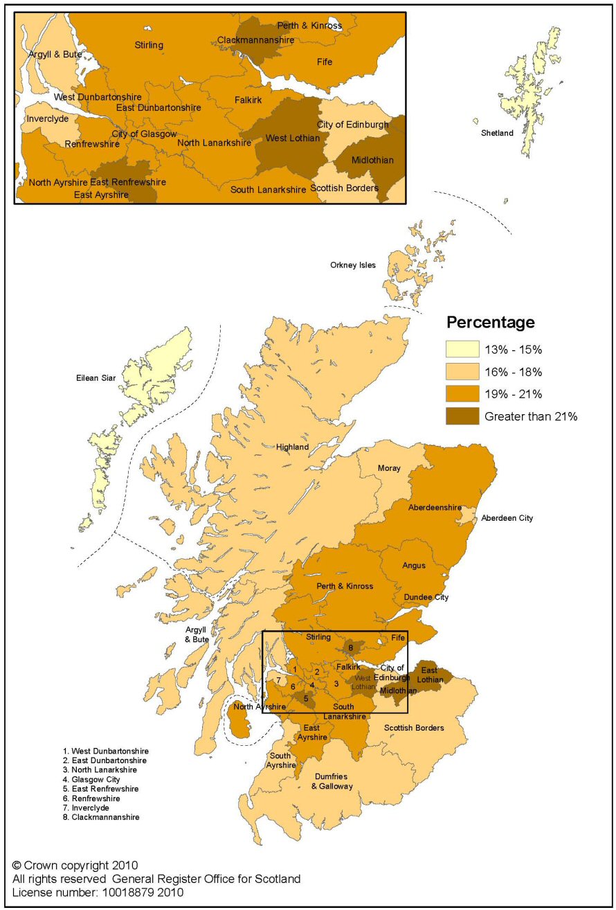 Map 3: Projected percentage of households with children by local authority area, 2033