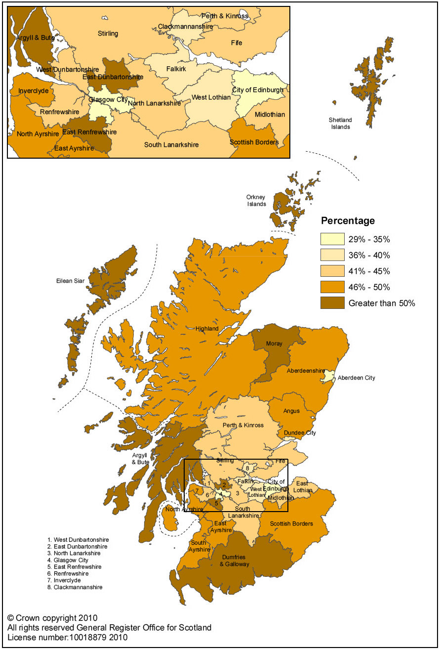 Map 4: Projected percentage of households headed by someone aged 60 and over by local authority area, 2033