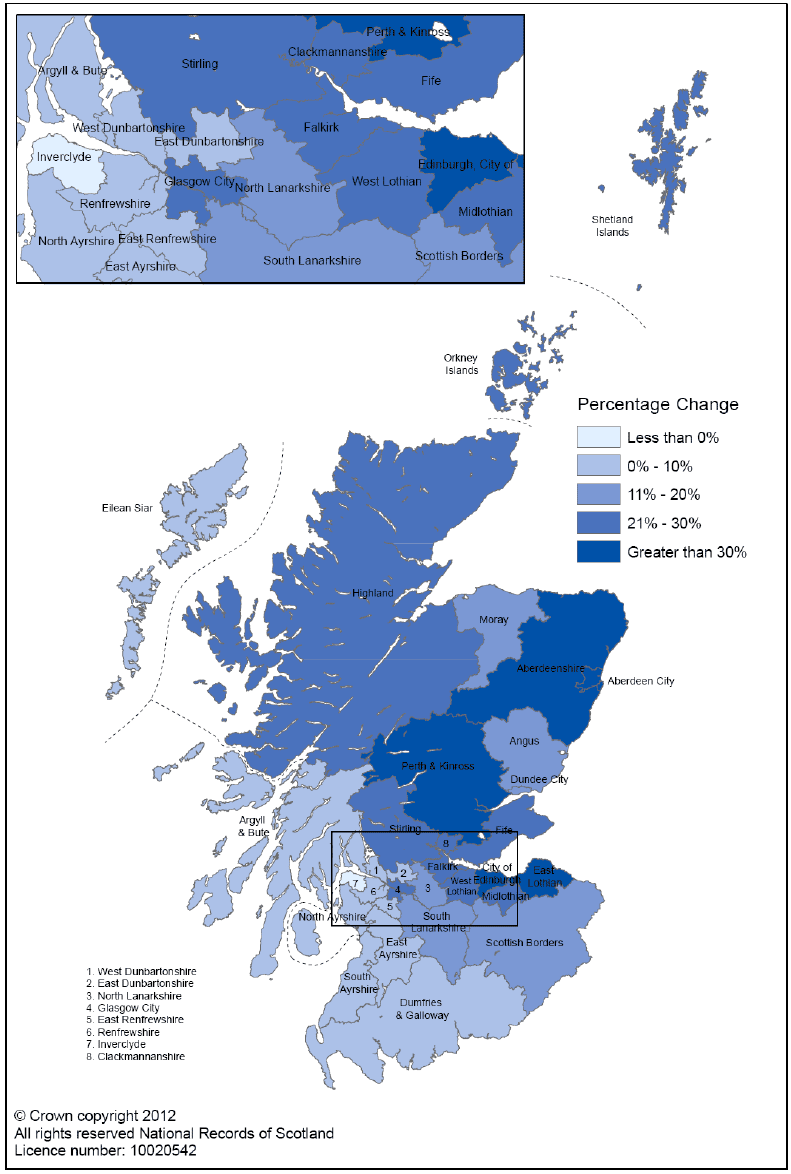 Map 1: Projected percentage change in households between 2010 and 2035, by local authority
