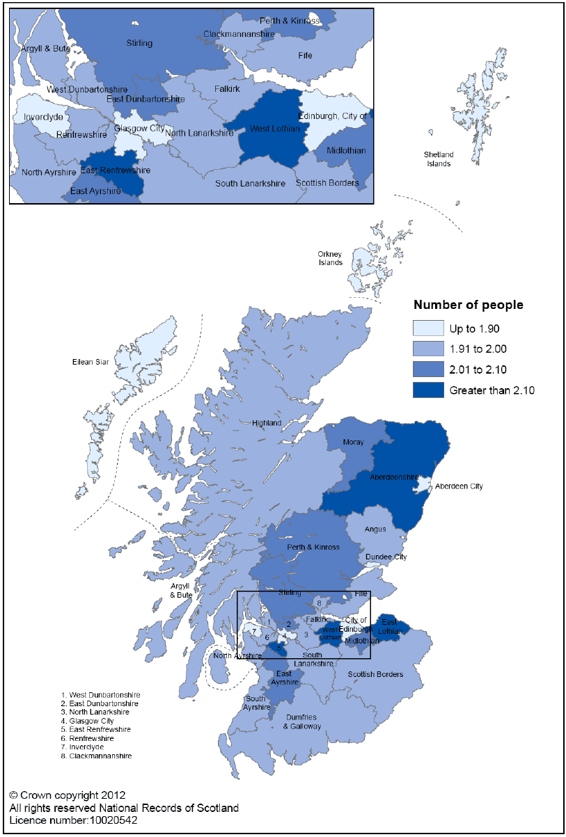 Map 2: Projected average household size by local authority, 2035