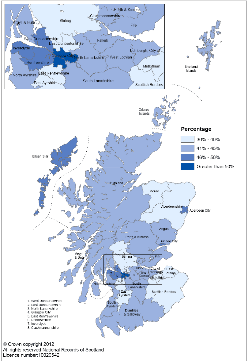 Map 3: Projected percentage of households containing one adult with no children by local authority, 2035