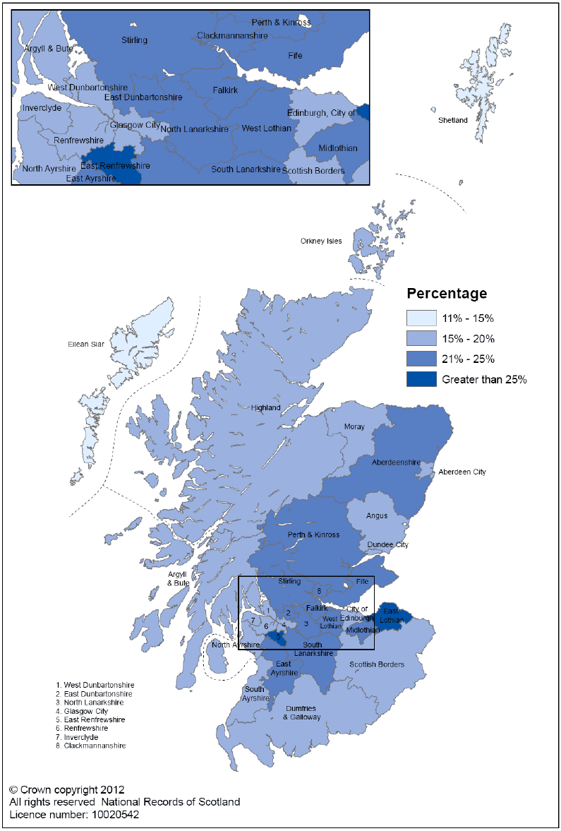 Map 4: Projected percentage of households with children by local authority, 2035