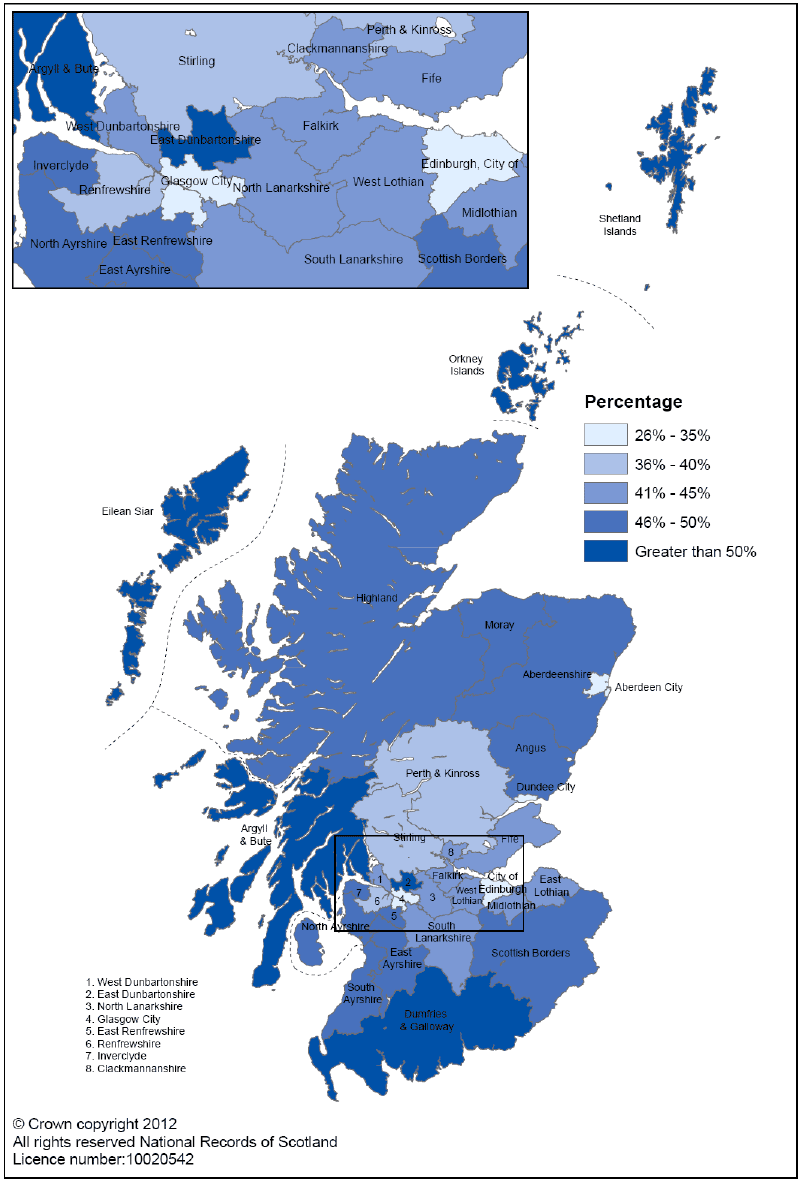 Map 5: Projected percentage of households headed by someone aged 60 and over by local authority, 2035