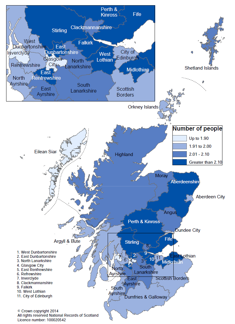 Map showing projected average household size by Council area, 2037