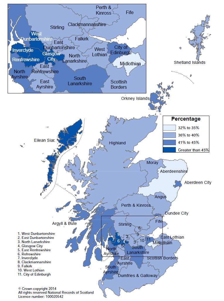 Map showing projected percentage of households containing one adult with no children by Council area, 2037