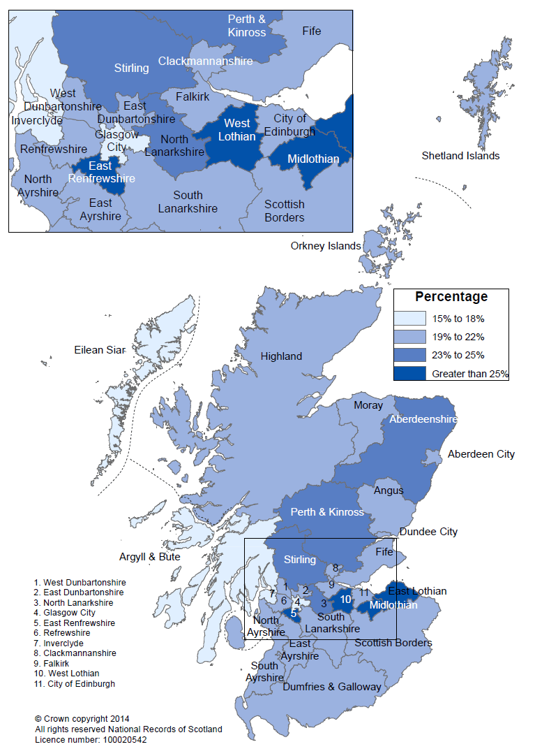 Map showing projected percentage of households with children by Council area, 2037