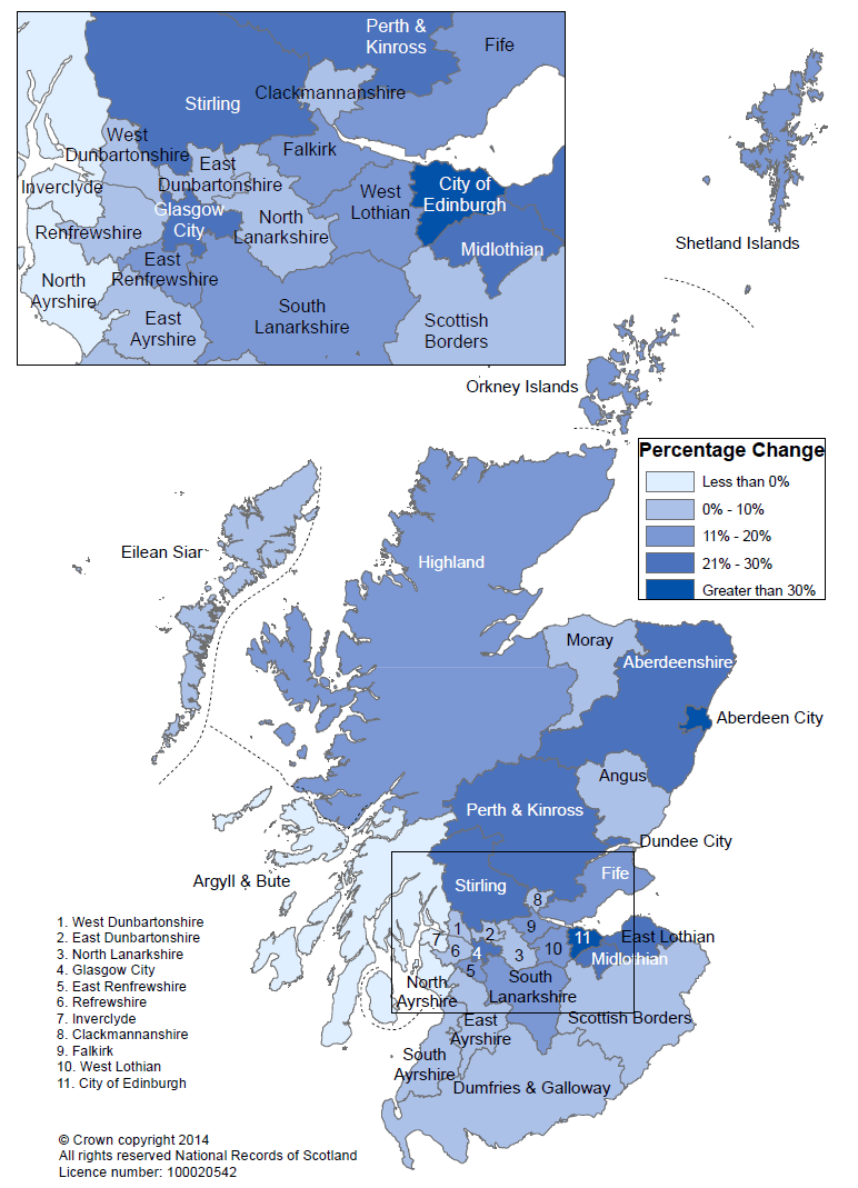 Map showing projected percentage change in households between 2012 and 2037, by Council area