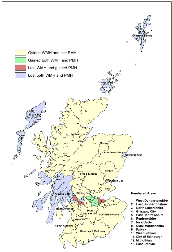 image of Map 2 : Council areas in Scotland by whether, in the year before the 2001 Census, they gained or lost wholly moving households (WMH) and partly moving households (PMH) from the rest of Scotland