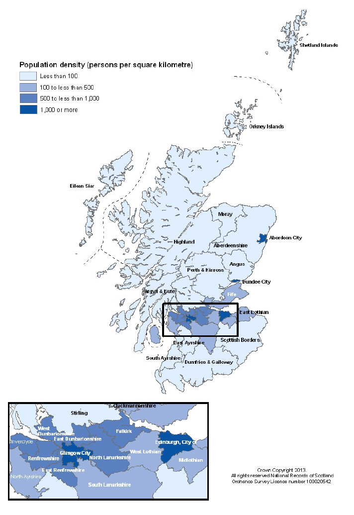 Figure 13b: Population density by Council area, mid-2012