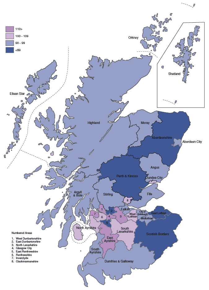 Figure 4.5 Standardised mortality ratios, by Council area, 2001