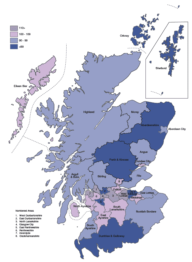 Figure 1.11 Standardised mortality ratios, by Council area, 2002