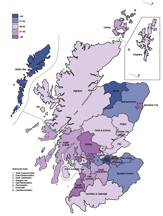Figure 2.9 Live births per 1,000 women aged 15-44, by Council area, 2002