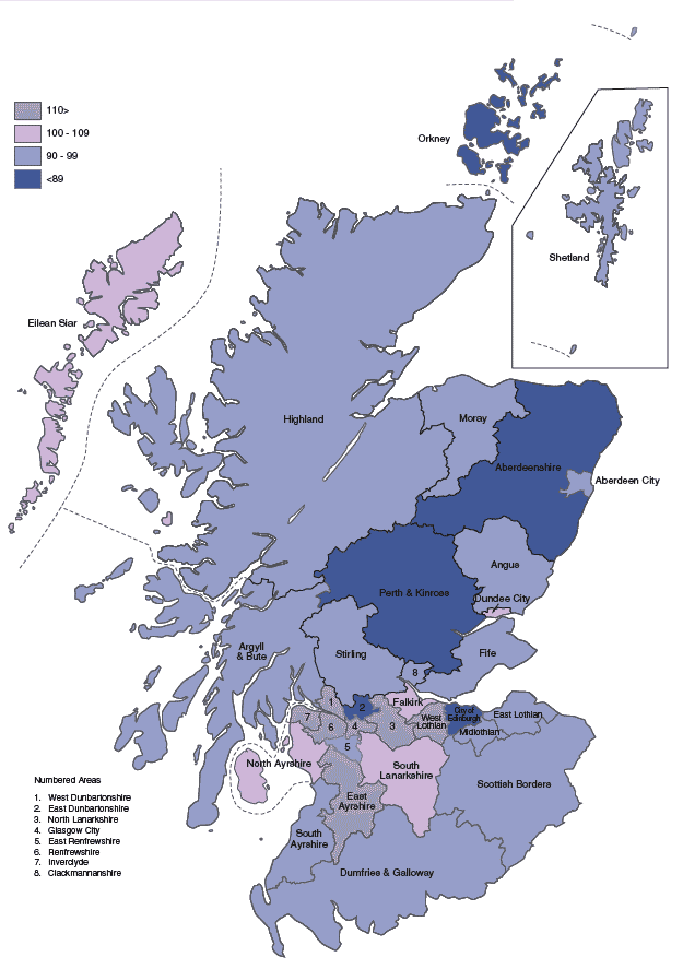 Figure 1.20 Standardised mortality ratios, by Council area, 2003