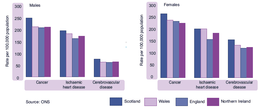 Figure 1.21 Age-adjusted mortality rates, by selected cause and sex, 2002