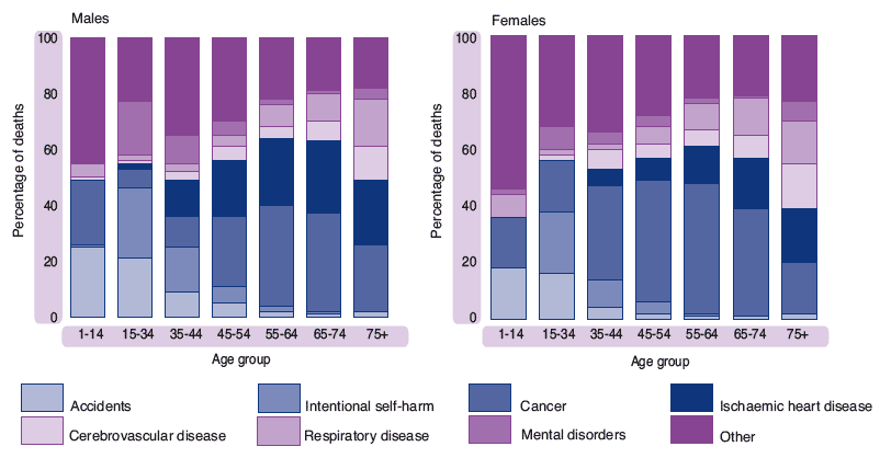 Figure 1.22 Deaths, by cause and age group, Scotland, 2003