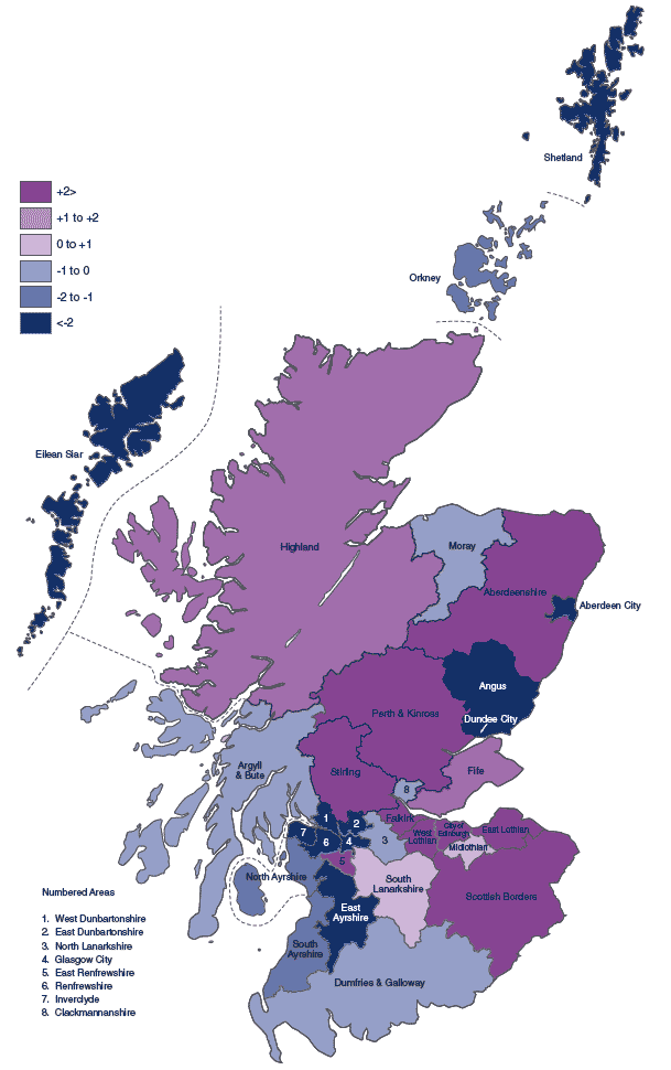 Figure 1.5 Percentage population change by Council area, 1994-2004