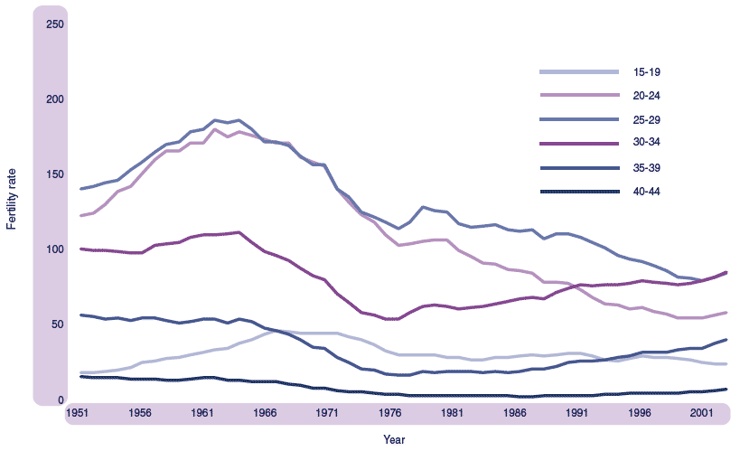 Figure 1.12 Live births per 1,000 women, by age of mother, 1951-2004