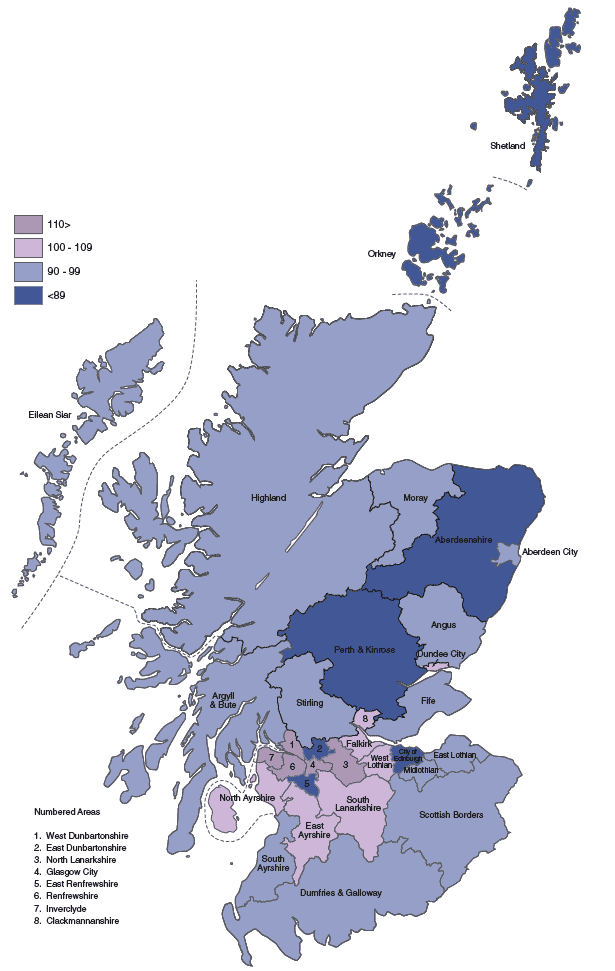 Figure 1.20 Standardised mortality ratios, by Council area, 2004