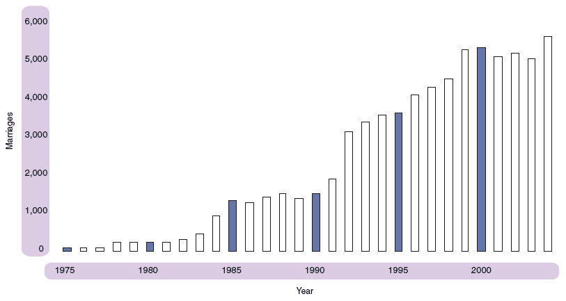 Figure 2.20 Marriages registered at Gretna, 1975-2004