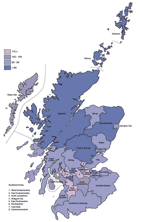 Figure 1.21 Standardised mortality ratios, by Council area, 2005