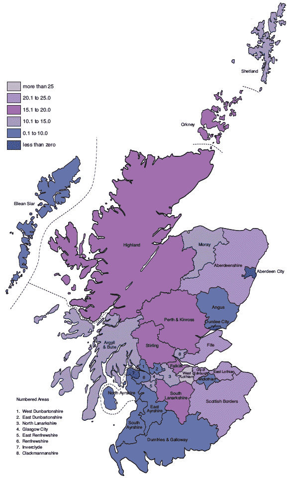Figure 1.36 Projected change in households by Council area, 2004-2024