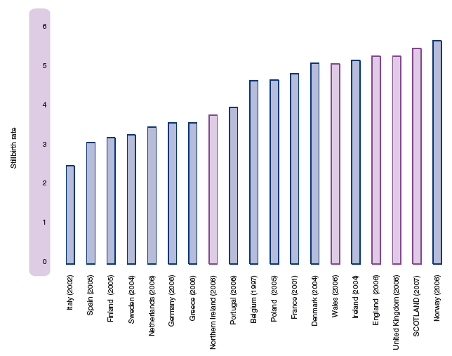Figure 1.18 Stillbirth rate per 1,000 live and still births, selected countries, latest available figures