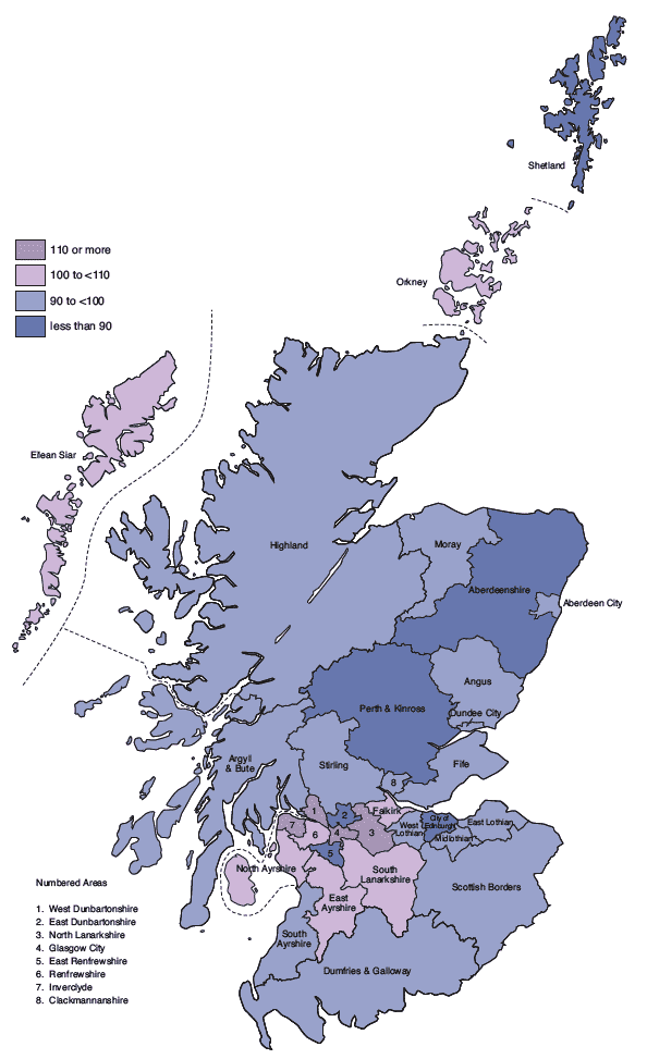Figure 1.23 Standardised mortality ratios, by Council area, 2007